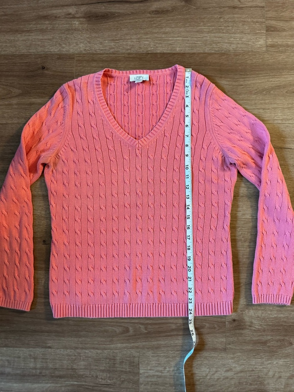 LOFT Coral-Pink Cable Knit V-Neck Sweater - Picture 3 of 5